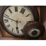 Victorian mahogany cased wall clock, dial and movement only and an aneroid barometer in carved