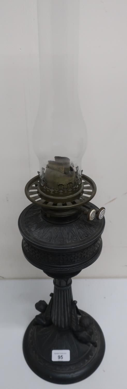 Victorian cast metal oil lamp, Hinks duplex patent wick, clear chimney with floral decorated