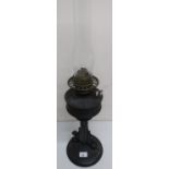 Victorian cast metal oil lamp, Hinks duplex patent wick, clear chimney with floral decorated