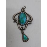 Charles Horner hallmarked silver and green enamel Art Nouveau open work pendant, with hanging