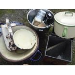 Set of Lincoln balance scales, Porti infant balance scale, Lister bucket, two aluminium flasks,