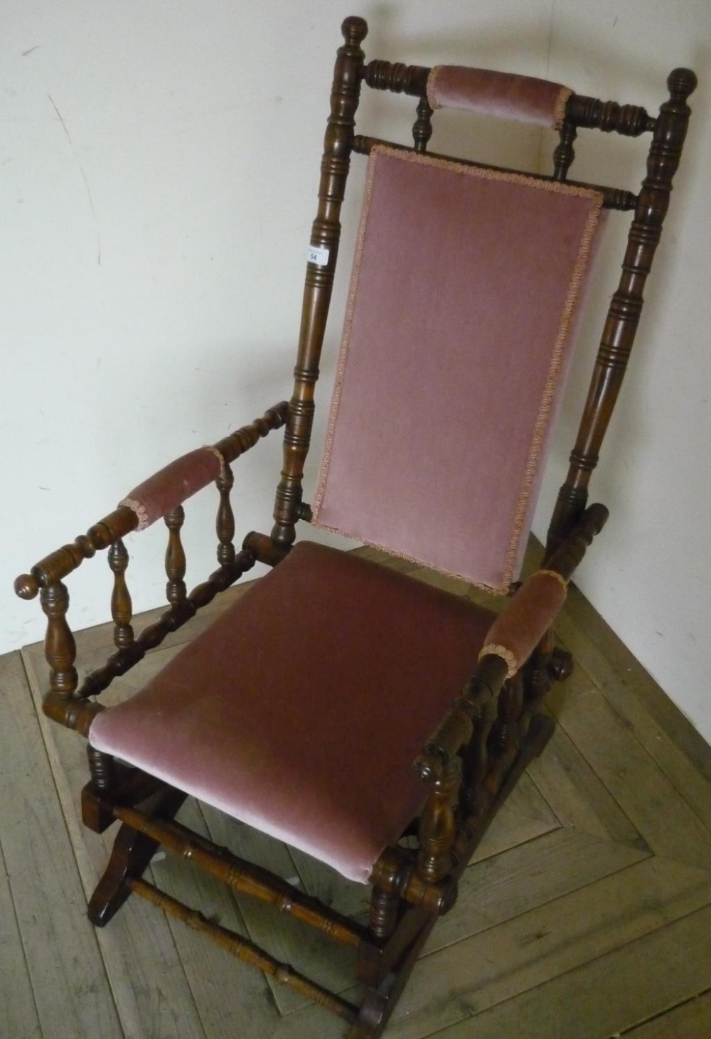 19th C American turned stained beech rocking chair, with upholstered backs, seats and arm pads