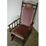 19th C American turned stained beech rocking chair, with upholstered backs, seats and arm pads