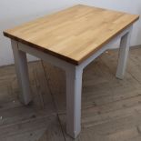 Oak topped kitchen table, with solid block oak top, on cream painted supports inscribed "Made by