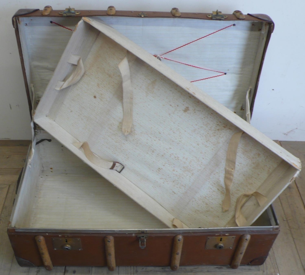 Flaxite Fibre "Featherweight" travelling trunk, with wooden bandings, leather corners and handles, - Image 2 of 3