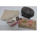 Small spelter jewellery casket, a pair of slippers in a pouch, embroidered Tyrolean braided belt,