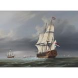 Gilt framed oil on board signed David Beaty, of Dutch man of war in choppy water (51cm x 41cm