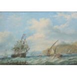 Heavy gilt framed oleograph of boats on coastline by A Hulk (67cm x 56cm including frame)