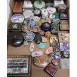 Collection of small jewelry boxes and pill boxes, including paper mache, malachite, crystal glass