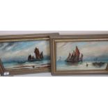 Pair of modern framed oil on canvas studies of fishing boats off the coast (49cm x 34cm including