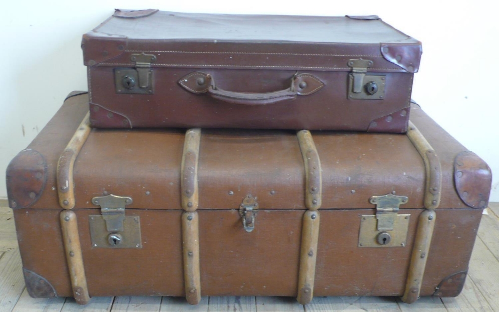 Flaxite Fibre "Featherweight" travelling trunk, with wooden bandings, leather corners and handles,