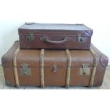 Flaxite Fibre "Featherweight" travelling trunk, with wooden bandings, leather corners and handles,