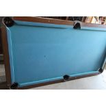 Pool table, blue baise top on chromed adjustable supports, with two cues, balls and frame (205cm x