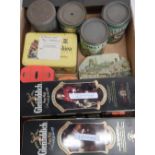 West India treacle tin, Colman's mustard tin, other advertising tins, in one box