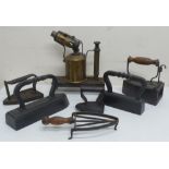 Sievert brass lamp and five various flat and smoothing irons