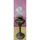 Early 20th C oil lamp with etched glass shade, and corinthium style column (height 70cm)