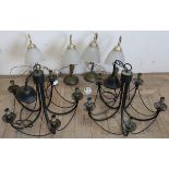 Set of four table lamps and a pair of wrought metal centre light fittings with a selection of
