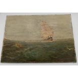 Oil on board of masted ship off shore (36cm x 25cm)