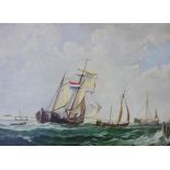 Gilt framed modern oil on canvas of Dutch fishing Cog in rough waters, signed R. E. Beinder 87, with