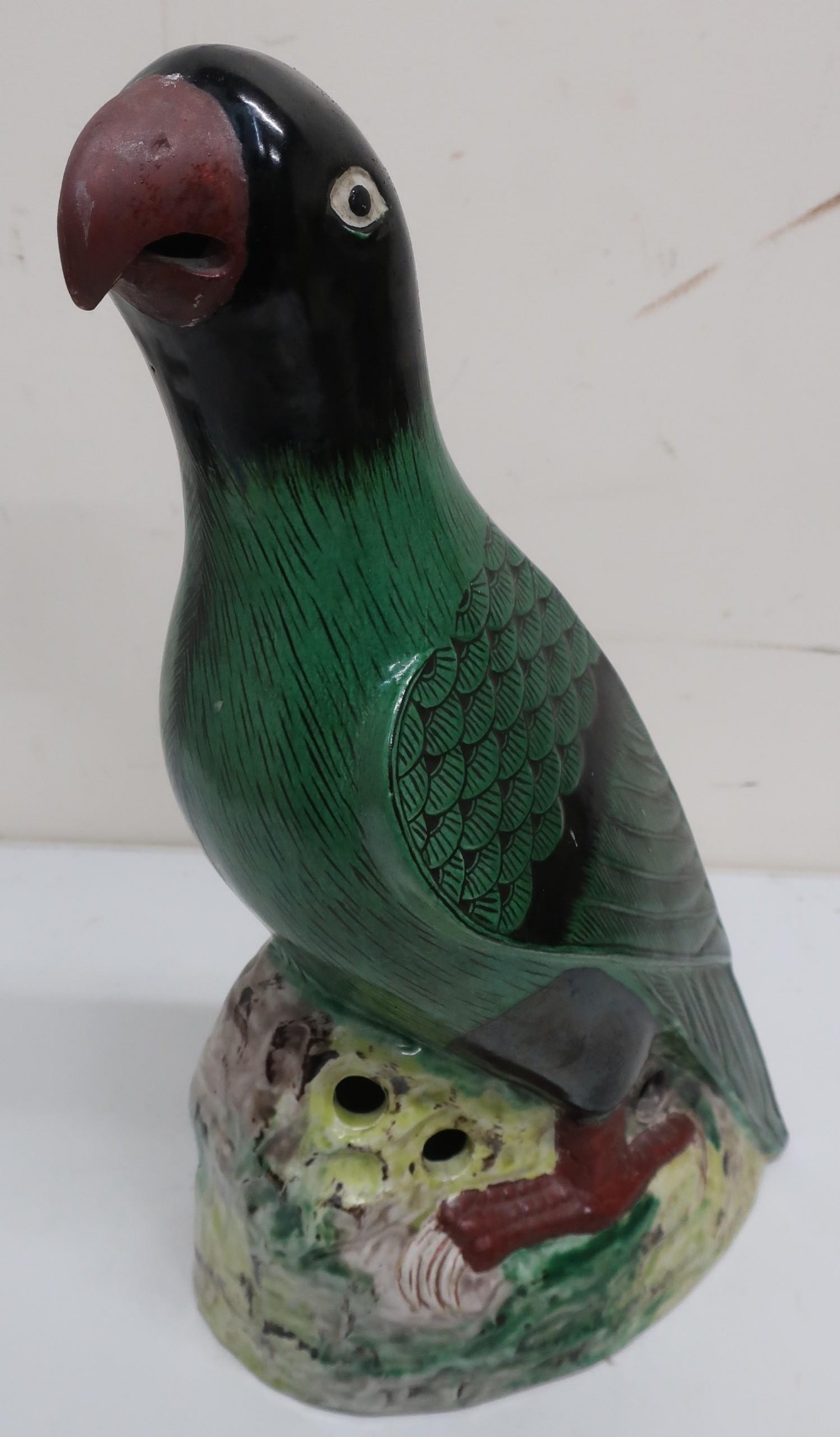 Large Oriental style figure of a green parakeet bird (height 37cm)