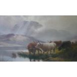 H R Hall NEA "Loch Ingar Highland Cattle Drinking", oil on canvas, signed (39cm x 60cm)