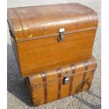 Victorian scumbled metal trunk with painted bands, and another scumbled metal trunk with Victorian