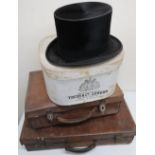 Thos. Ibbotson top hat in Tress & Co box, and two vintage leather suitcases (3)