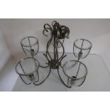 Brushed metal hanging light fitting, the five branches with clear bubbled glass shades