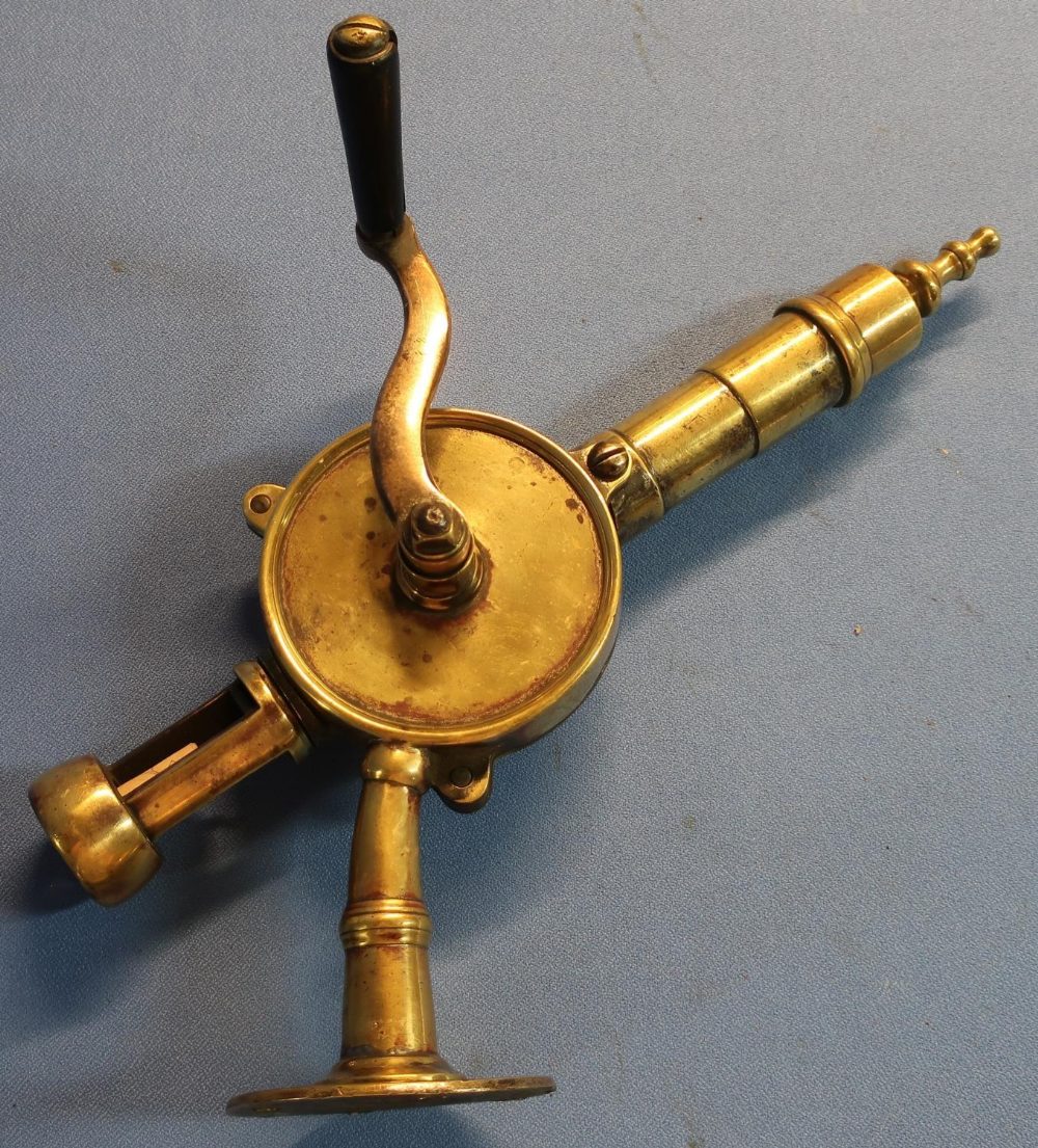 Large 19th C bar mounted brass Rotary corkscrew engraved Hicks & Reynolds Troy New York (35cm high) - Image 2 of 6