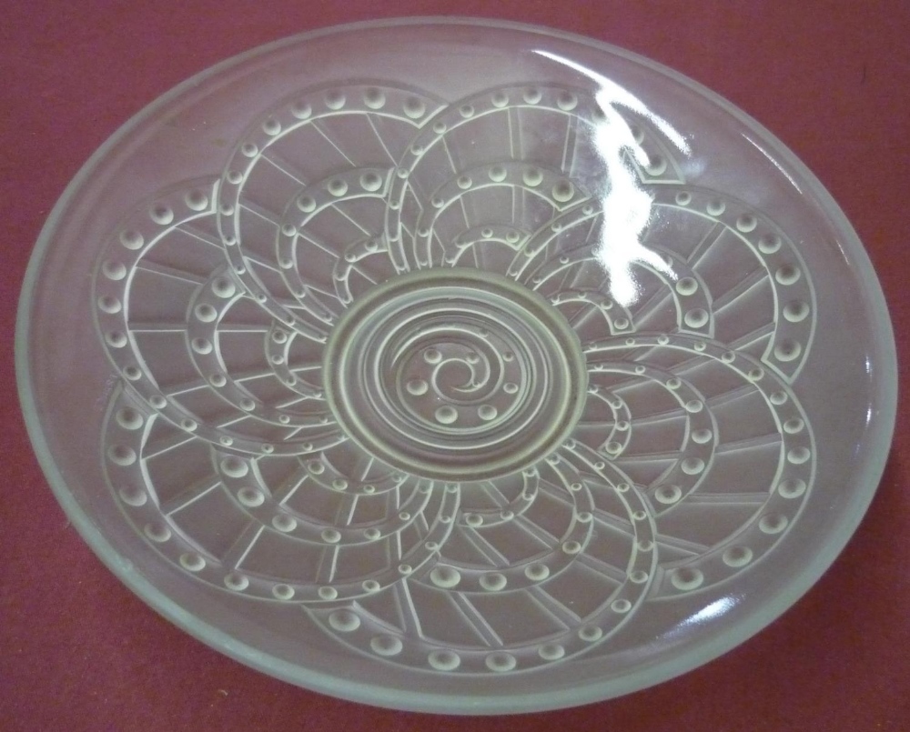 French Art Deco opaque glass circular dish, relief decorated with crescents, (24.5cm)