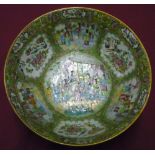 19th/20th C Canton circular bowl, decorated in Famile rose and verte enamels with figures and exotic
