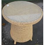 Rattan conservatory style circular top occasional table with inset glass panel (diameter 65cm,