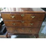 Figured walnut chest of three long drawers on cabriole legs with pad feet, cross banded detail (97cm