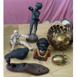 Selection of various studio ceramic figures, cast metal money box, carved wood figures, fruit bowl