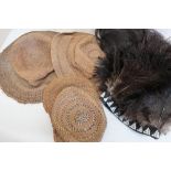 Three woven fibre hats, Emu feather headdress with beaded band and a human hair wig