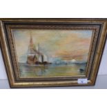 Gilt framed oil on canvas of sailing ships and steam tug signed V Rees, after Turner