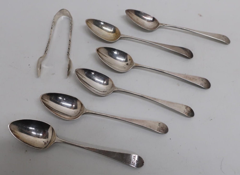 Set of six George lll silver hallmarked Old English pattern teaspoons, engraved with initials, marks