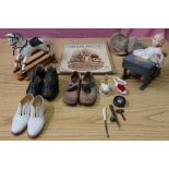 Pair of late Victorian children's leather shoes, pair of ceramic shoes, a pair of East Lancashire