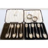 George V and later hallmarked silver set of six rat tailed teaspoons in case, five of six
