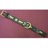 Vintage black leather Dog collar with brass studs, ring and buckle, (37cm)