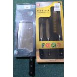 Boxed as new ex-shop stock Sabatier three piece knife set and a cleaver (2)