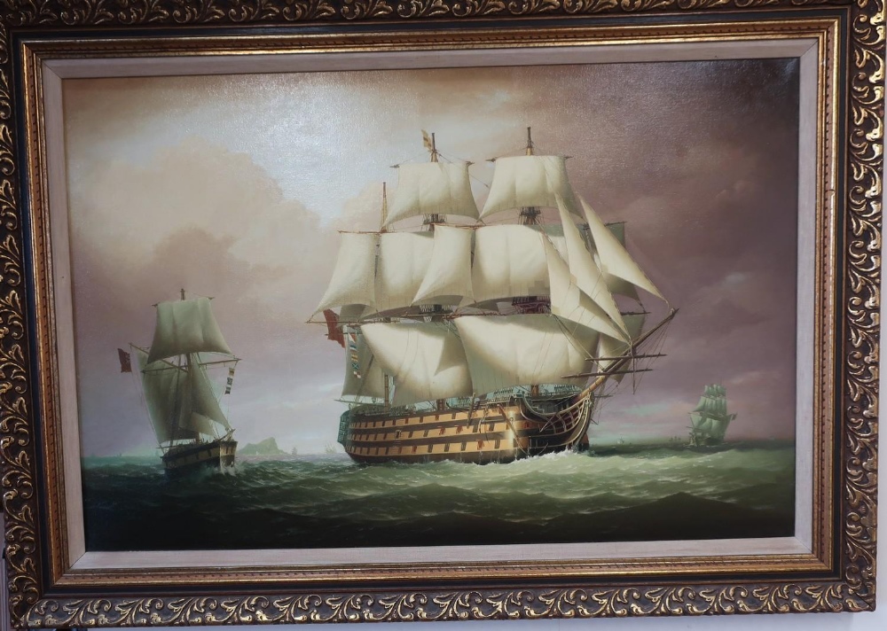 HMS Victory and HMS Pickle, pair of oils on canvas in gilt frames, by R. Dean, with original bill of