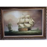 HMS Victory and HMS Pickle, pair of oils on canvas in gilt frames, by R. Dean, with original bill of