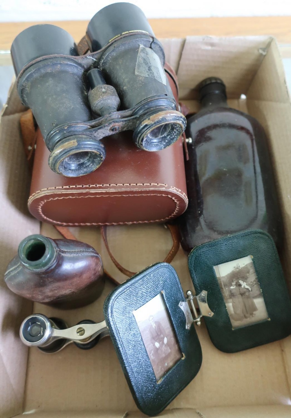 Pair of Vintage binoculars in leather case, pair of opera glasses, a leather covered hip flask, a