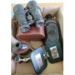 Pair of Vintage binoculars in leather case, pair of opera glasses, a leather covered hip flask, a