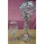 Cut glass globe table lamp (approx. 35cm high) and a glass vase