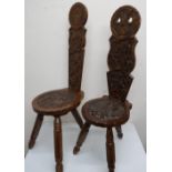 20th C oak spinning chair, the seat carved with a bird on a branch, another carved with deer and