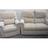 Modern two seat sofa and a matching armchair, upholstered in oatmeal fabric (145cm x 100cm x