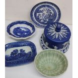 Blue jasperware cheese bell and cover, Victorian willow pattern low tazza, blue and white oval
