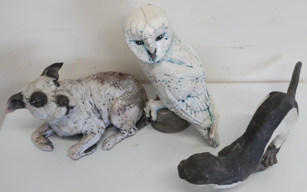 Large Raku wear style figure of a barn owl in crackle glaze (height 30cm), similar figure of an